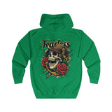 Fearless Skull and Roses Hoodie – Bold Gothic Graphic Zip-Up