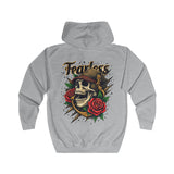 Fearless Skull and Roses Hoodie – Bold Gothic Graphic Zip-Up