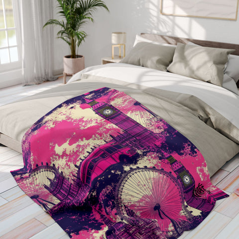 Vibrant London Skyline Fleece Blanket – Pink & Purple Landmarks