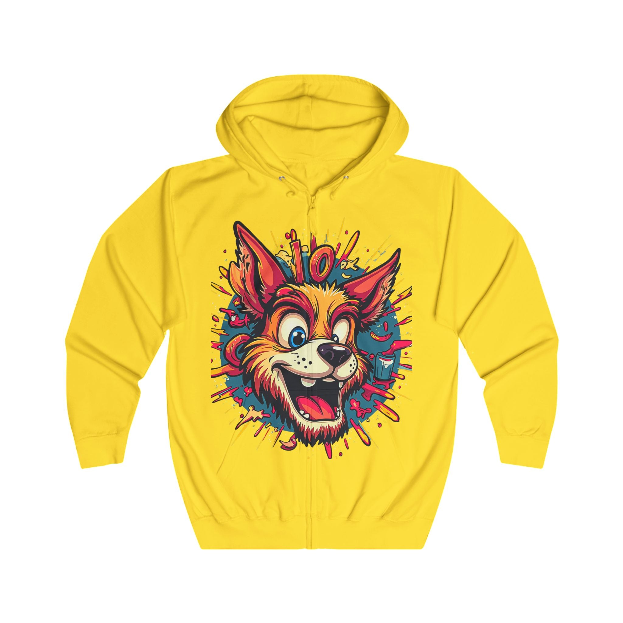 Playful Cartoon Dog Hoodie - Vibrant Graphic Zip-Up