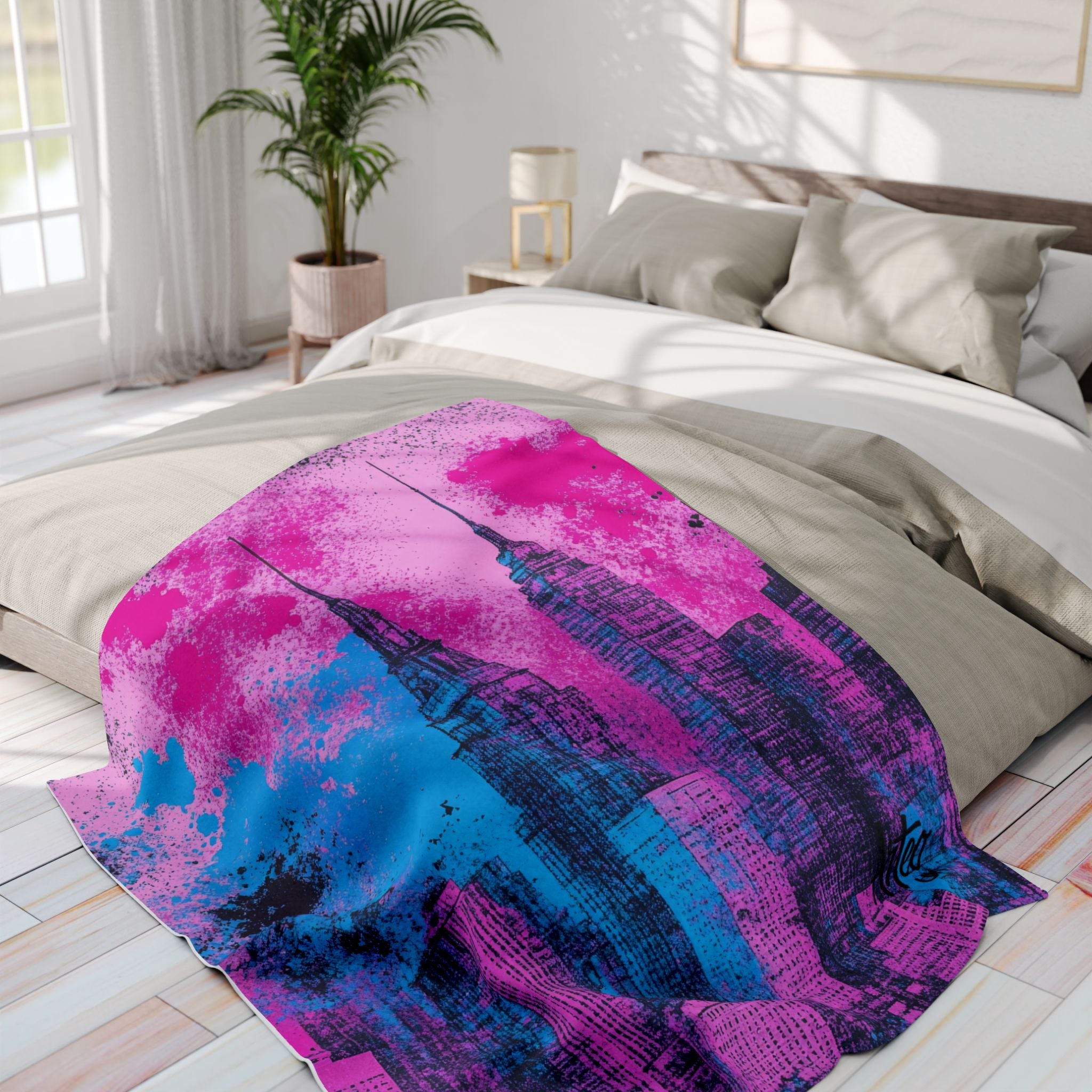 Neon Cityscape Fleece Blanket – Bold Urban Skyline Decor