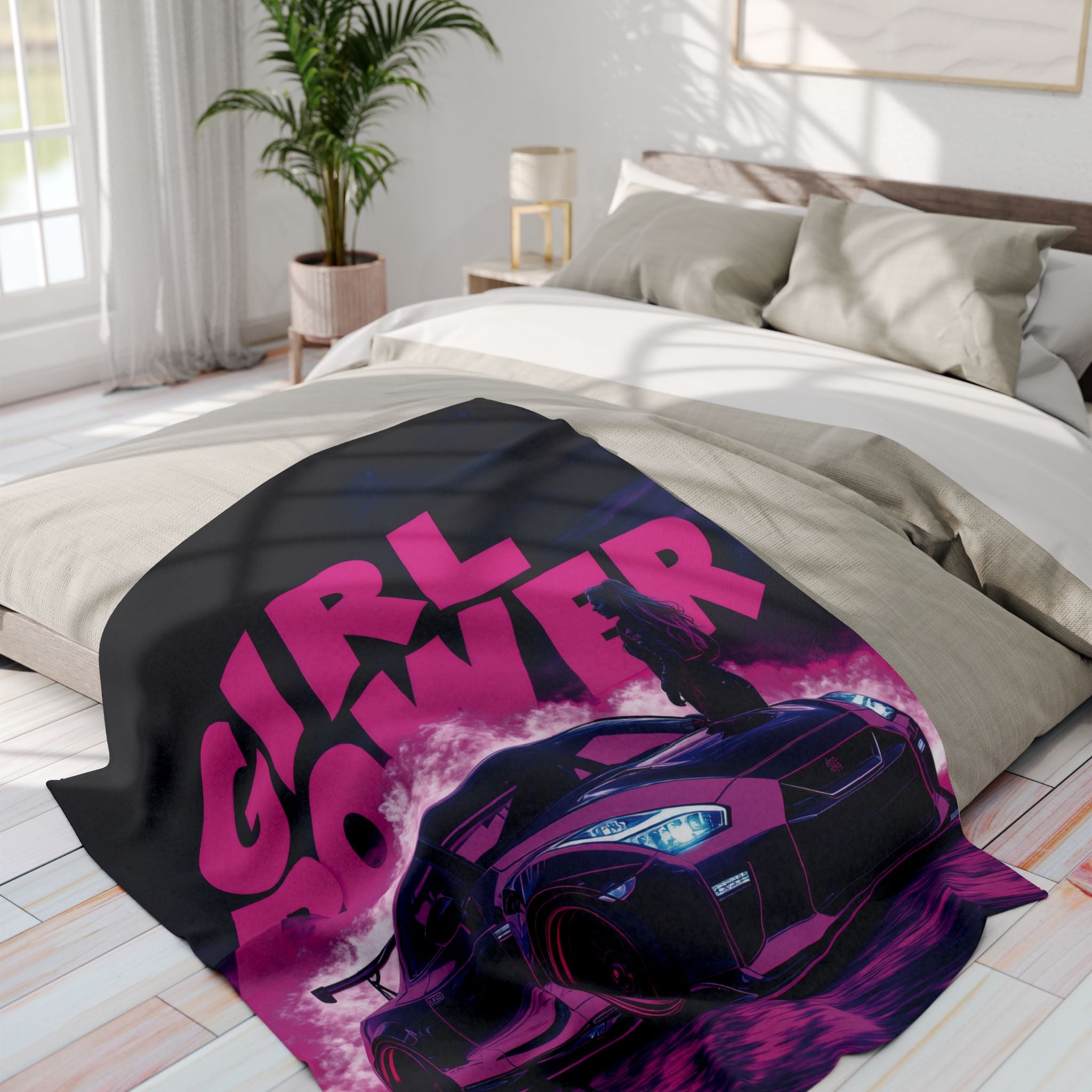 Girl Power Drift Car Fleece Blanket – Empowering Street Racing Style