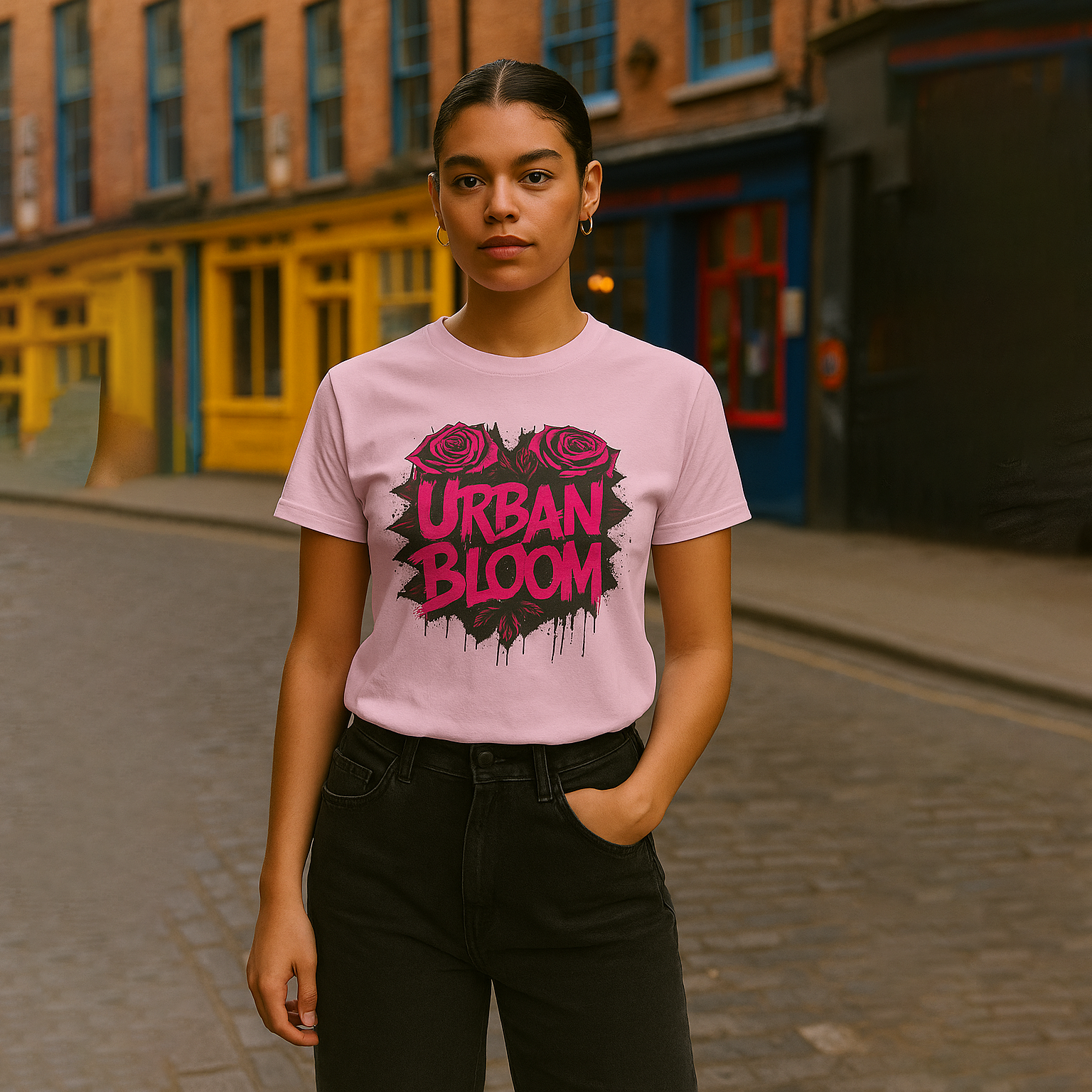 Urban Bloom Pink Rose Tee | Street Art Floral Shirt