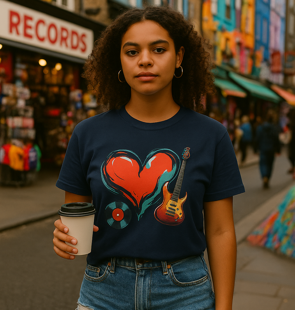 Navy Blue Heart & Music Graphic T-Shirt