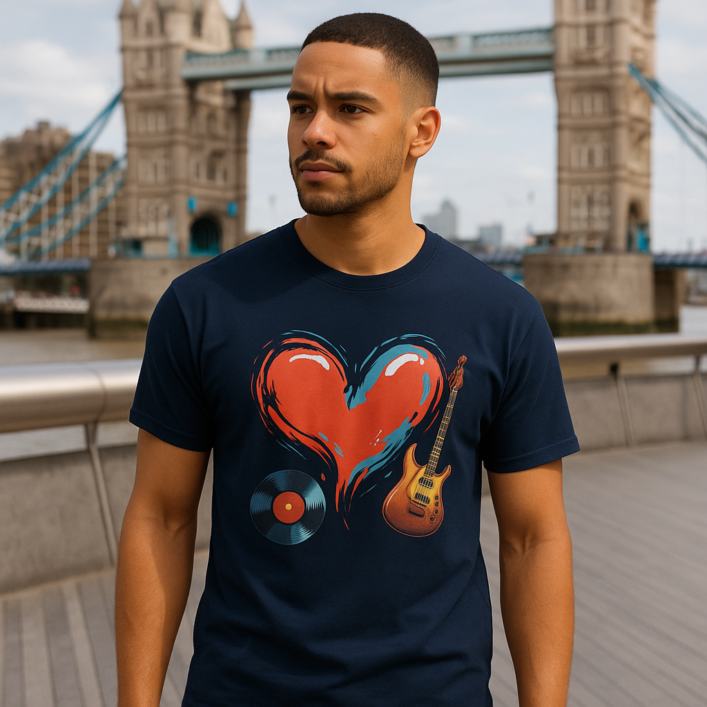 Navy Blue Heart & Music Graphic T-Shirt