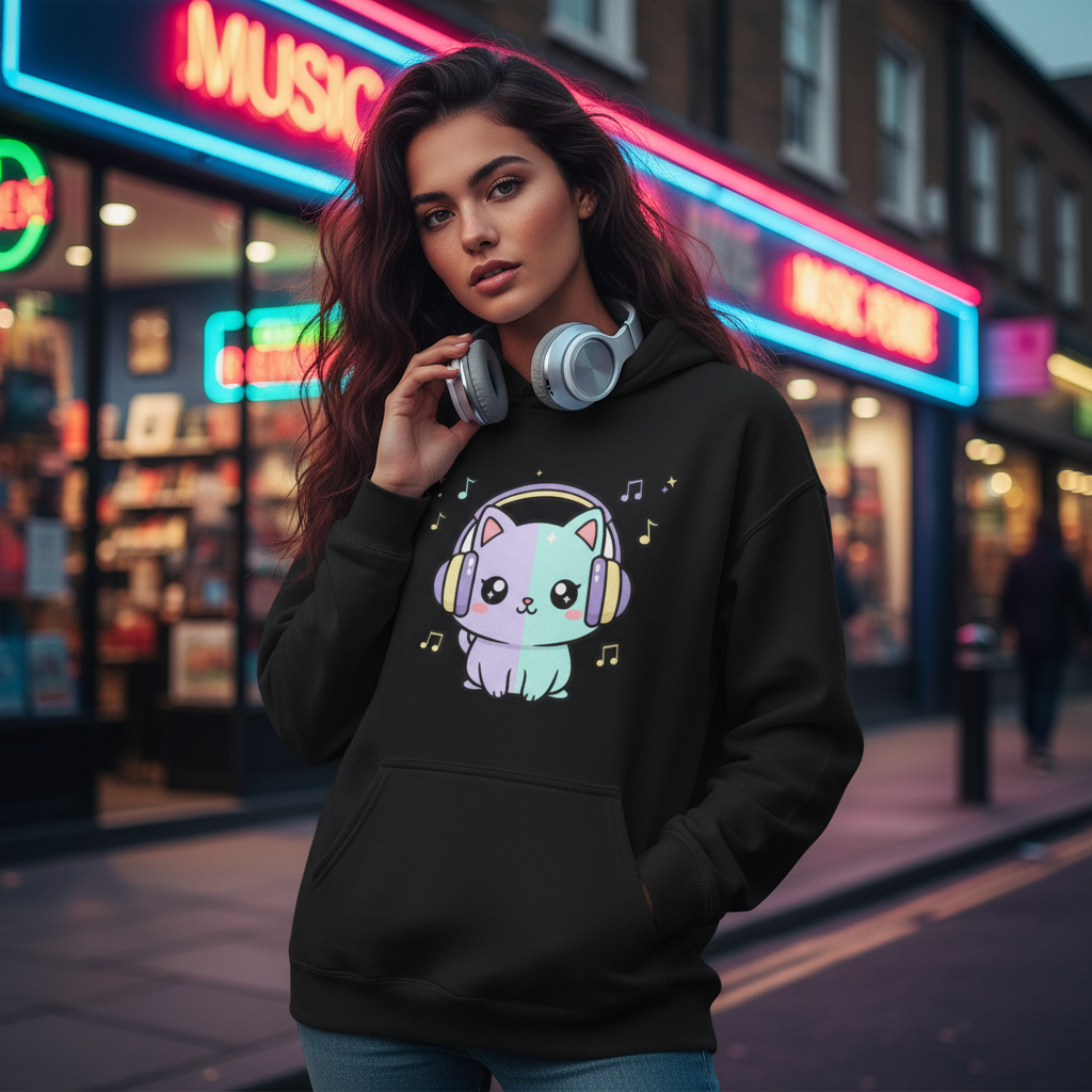 Kawaii Cat Headphones Hoodie – Cute Black Oversized Streetwear