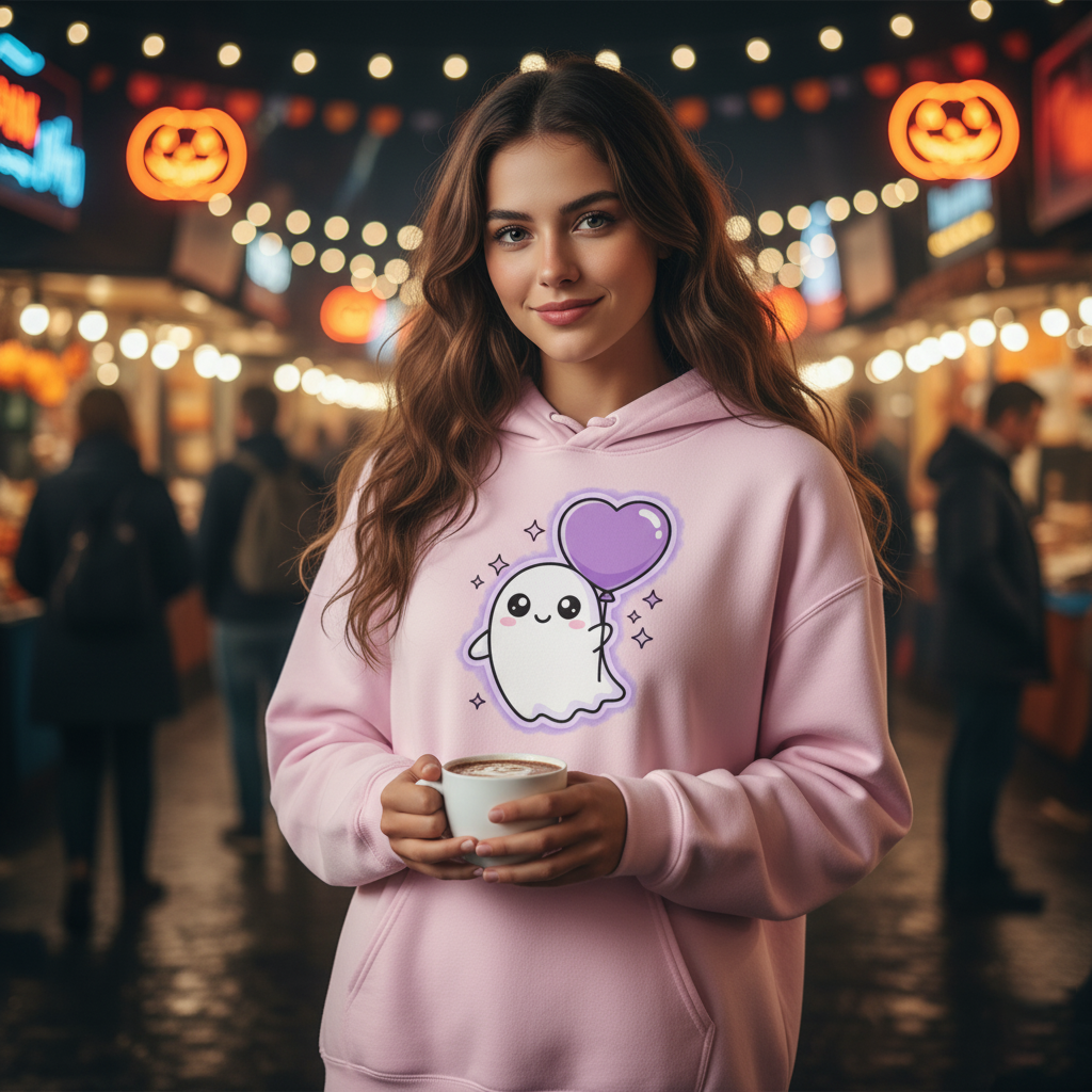 Kawaii Ghost Hoodie – Cute Pink Oversized Halloween Streetwear