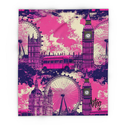 Vibrant London Skyline Fleece Blanket – Pink & Purple Landmarks