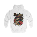 Fearless Skull and Roses Hoodie – Bold Gothic Graphic Zip-Up