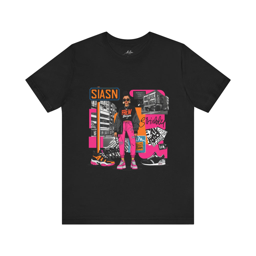 A graphic t-shirt with sneakers